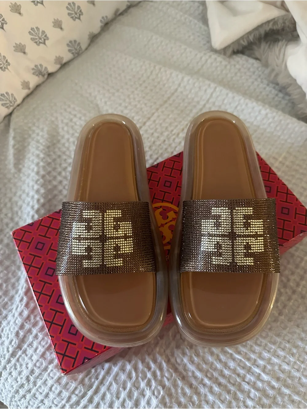 RARE Tory Burch Brown Metallic Logo Slide Sandals